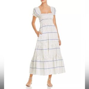 Tory Burch White Midi Dress with Blue Pinstripes